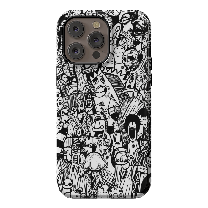 iPhone 14 Pro max StrongFit Doodle party black and white by Manuvila