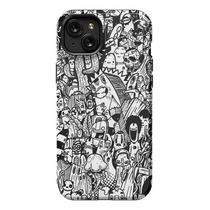 iPhone 15 Plus StrongFit Doodle party black and white by Manuvila