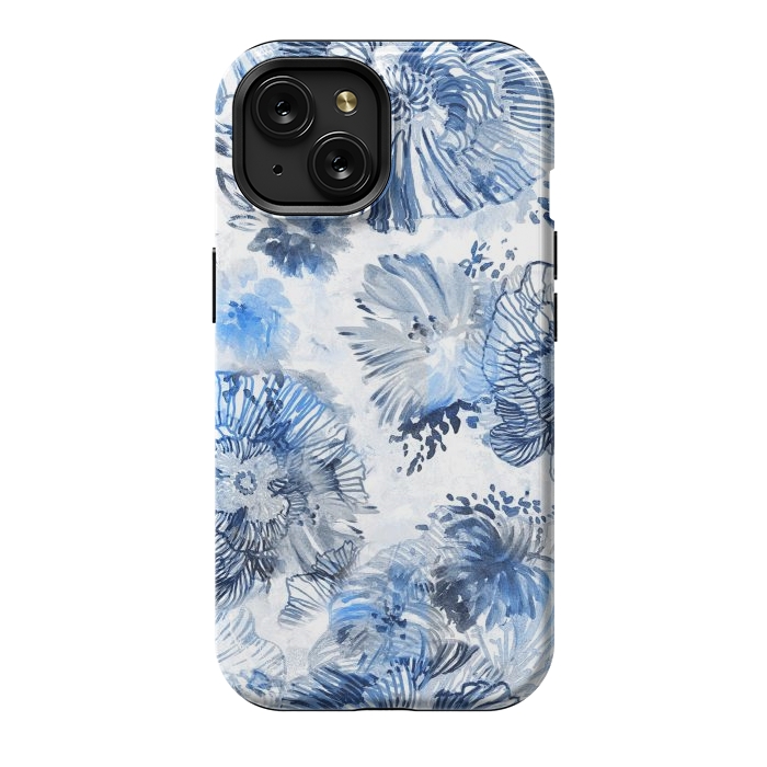 iPhone 15 StrongFit Blue watercolor flowers - painted petals by Oana 