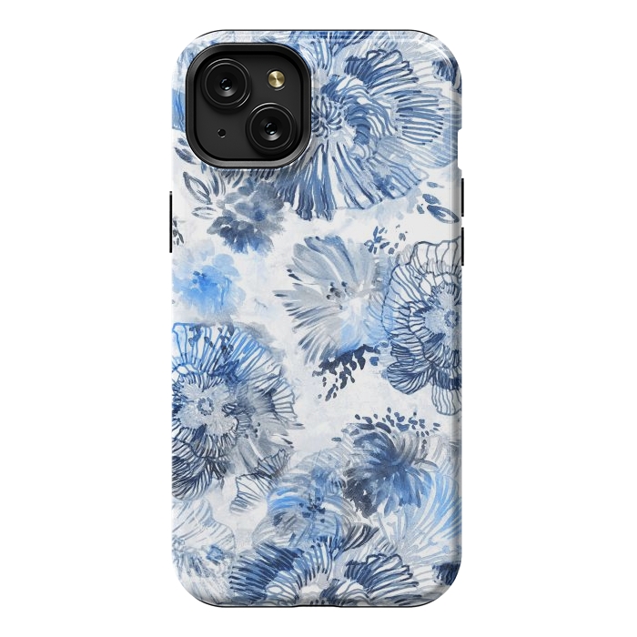 iPhone 15 Plus StrongFit Blue watercolor flowers - painted petals by Oana 