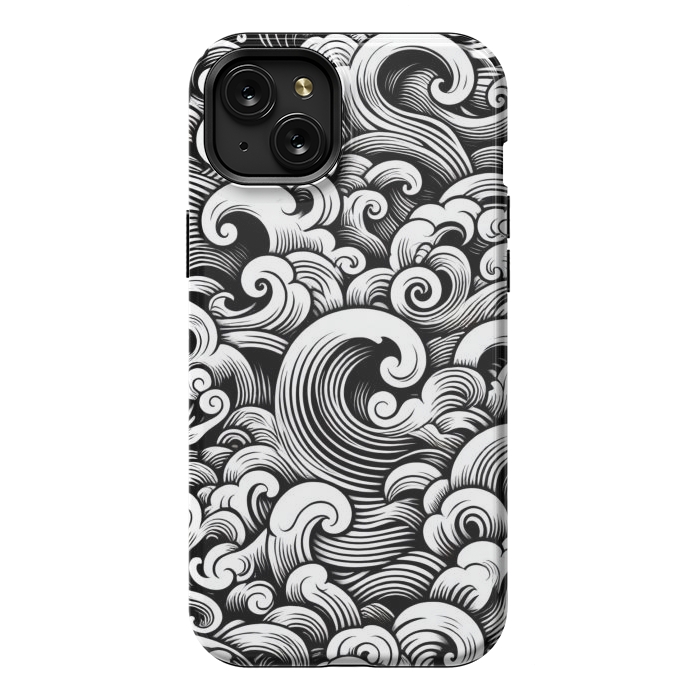 iPhone 15 Plus StrongFit Black and White Tattoo Waves by JohnnyVillas