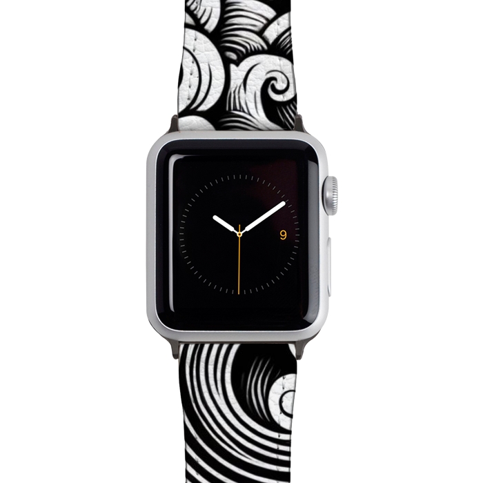 Watch 42mm / 44mm Strap PU leather Black and White Tattoo Waves by JohnnyVillas