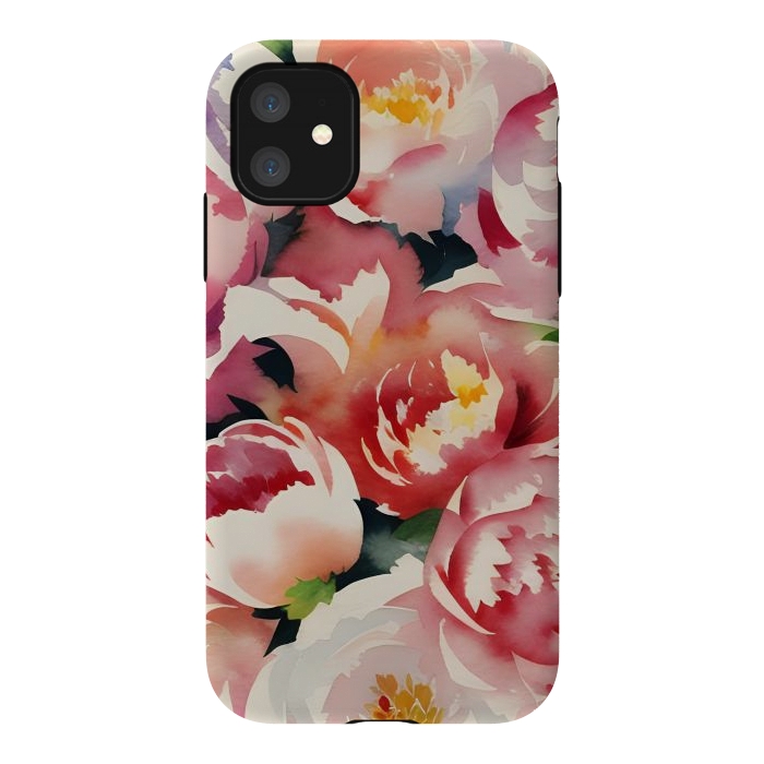 iPhone 11 StrongFit Watercolour painted rose bouquet - pink peonies by Oana 