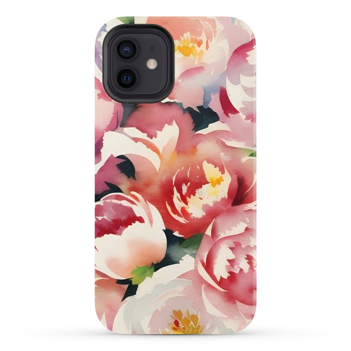 iPhone 12 StrongFit Watercolour painted rose bouquet - pink peonies by Oana 