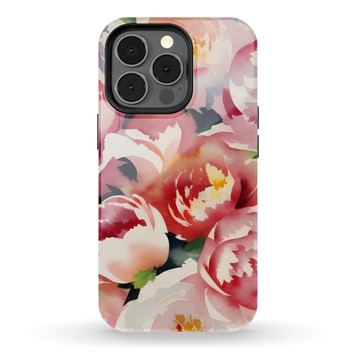 iPhone 13 pro StrongFit Watercolour painted rose bouquet - pink peonies by Oana 