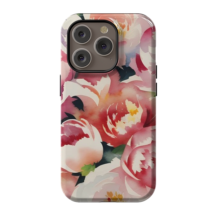 iPhone 14 Pro StrongFit Watercolour painted rose bouquet - pink peonies by Oana 