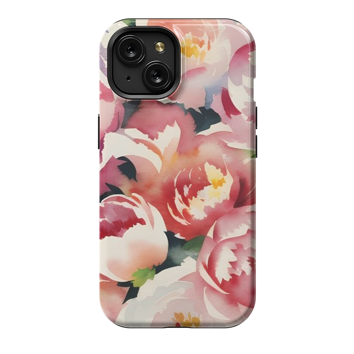 iPhone 15 StrongFit Watercolour painted rose bouquet - pink peonies by Oana 