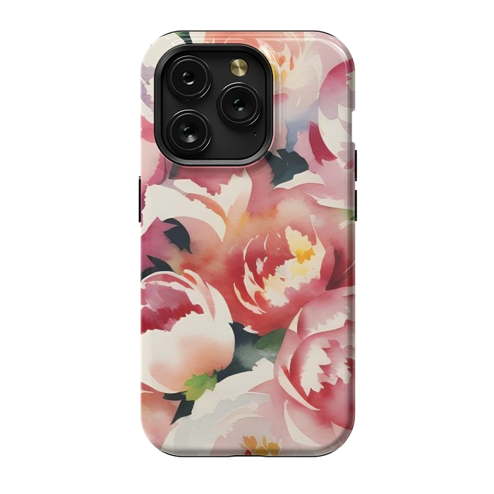 iPhone 15 Pro StrongFit Watercolour painted rose bouquet - pink peonies by Oana 