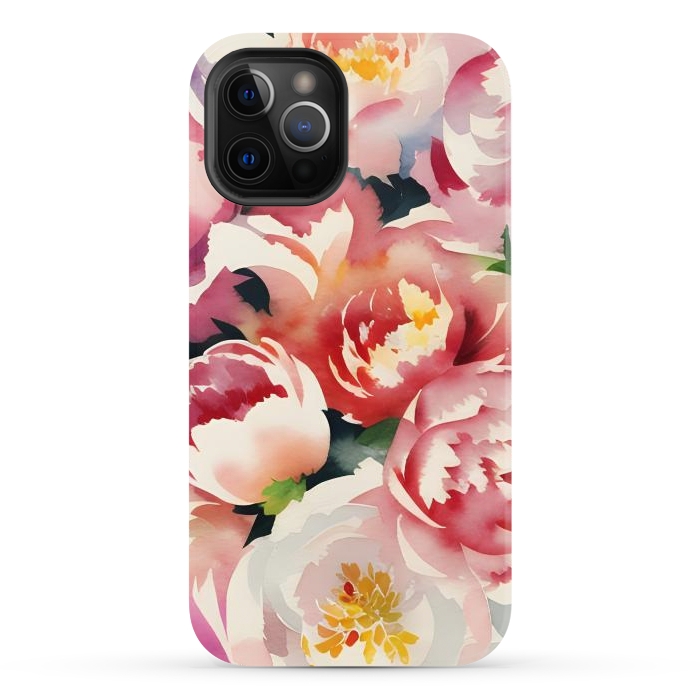 iPhone 12 Pro Max StrongFit Watercolour painted rose bouquet - pink peonies by Oana 