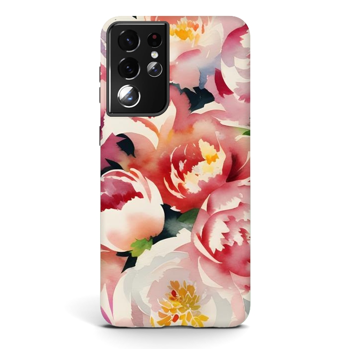 Galaxy S21 ultra StrongFit Watercolour painted rose bouquet - pink peonies by Oana 