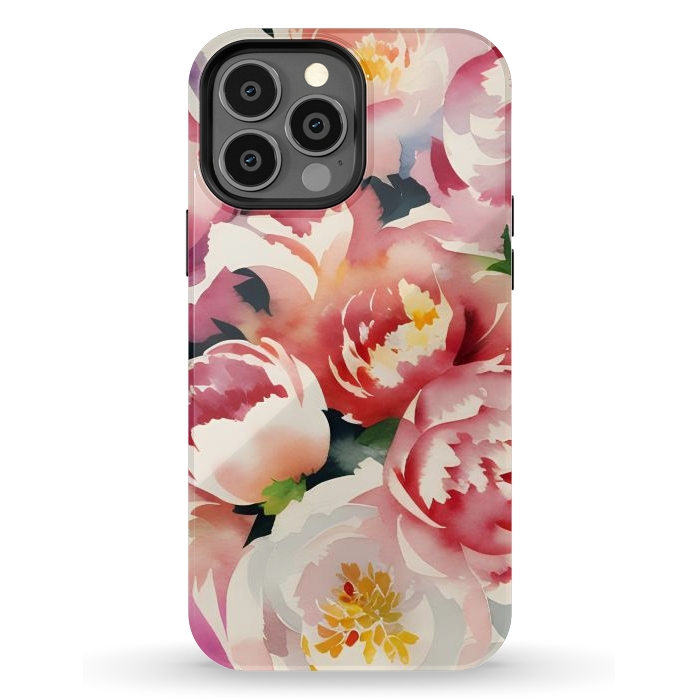 iPhone 13 Pro Max StrongFit Watercolour painted rose bouquet - pink peonies by Oana 