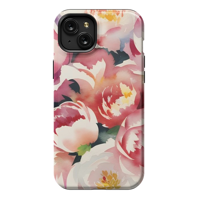 iPhone 15 Plus StrongFit Watercolour painted rose bouquet - pink peonies by Oana 