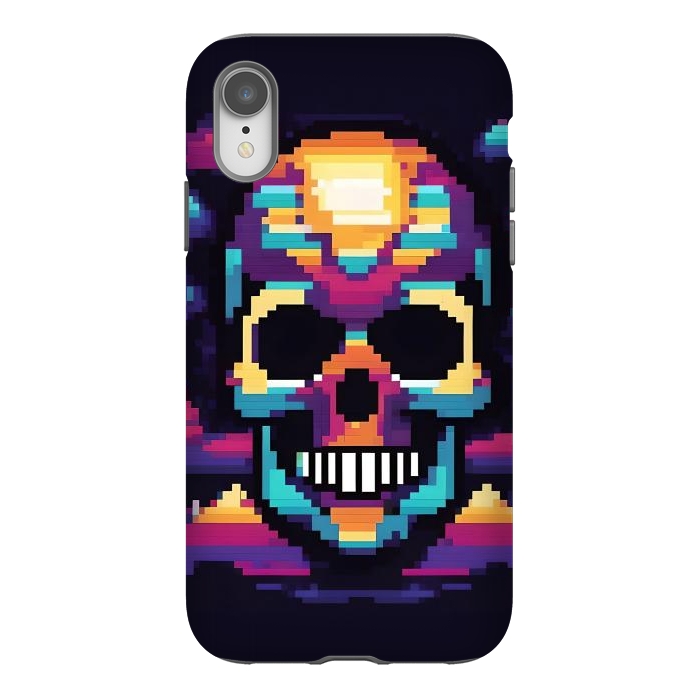 iPhone Xr StrongFit Neon Pixel Skull by JohnnyVillas
