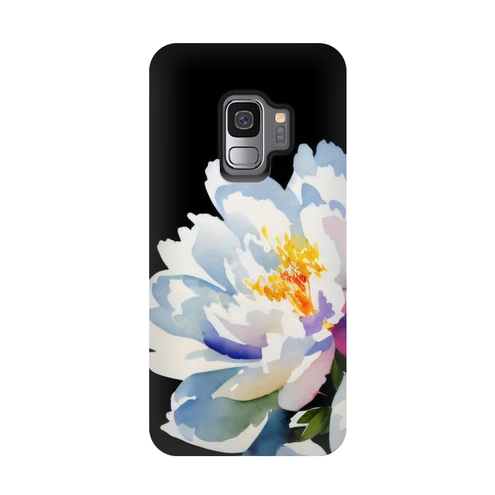 Galaxy S9 StrongFit Watercolour painted peony flower on black - peony petals by Oana 