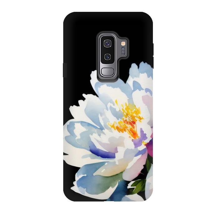 Galaxy S9 plus StrongFit Watercolour painted peony flower on black - peony petals by Oana 