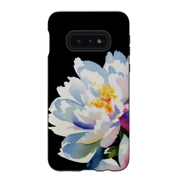 Galaxy S10e StrongFit Watercolour painted peony flower on black - peony petals by Oana 