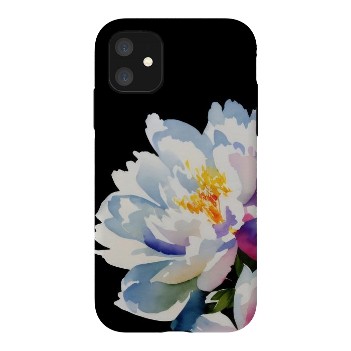 iPhone 11 StrongFit Watercolour painted peony flower on black - peony petals by Oana 