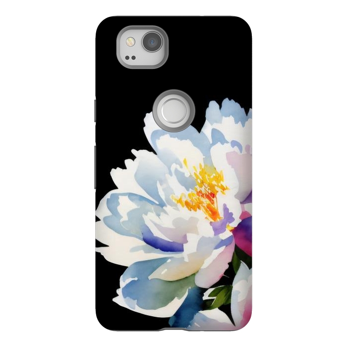 Pixel 2 StrongFit Watercolour painted peony flower on black - peony petals by Oana 