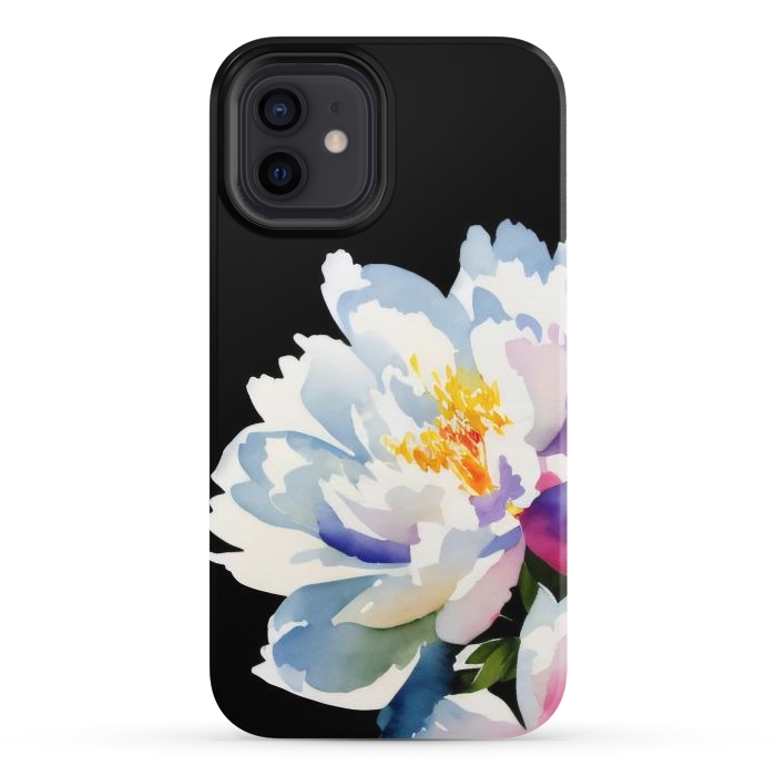 iPhone 12 StrongFit Watercolour painted peony flower on black - peony petals by Oana 