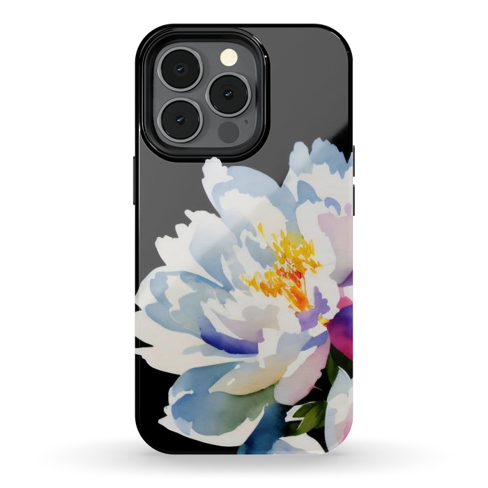 iPhone 13 pro StrongFit Watercolour painted peony flower on black - peony petals by Oana 