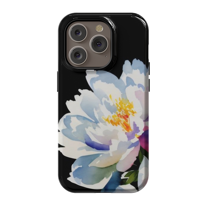 iPhone 14 Pro StrongFit Watercolour painted peony flower on black - peony petals by Oana 