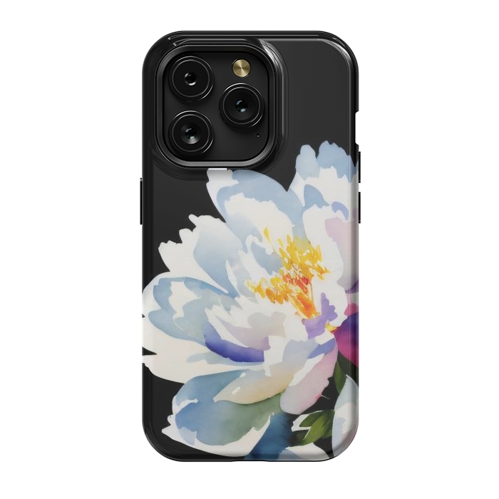 iPhone 15 Pro StrongFit Watercolour painted peony flower on black - peony petals by Oana 