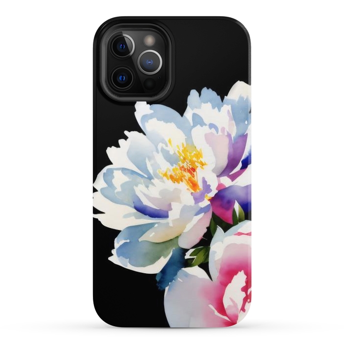 iPhone 12 Pro Max StrongFit Watercolour painted peony flower on black - peony petals by Oana 