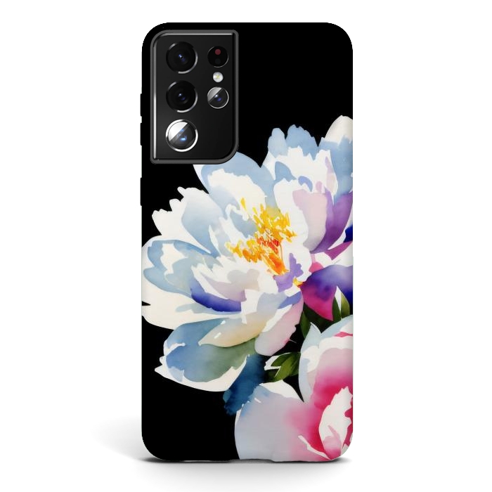 Galaxy S21 ultra StrongFit Watercolour painted peony flower on black - peony petals by Oana 