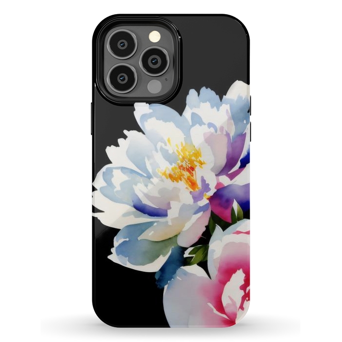 iPhone 13 Pro Max StrongFit Watercolour painted peony flower on black - peony petals by Oana 