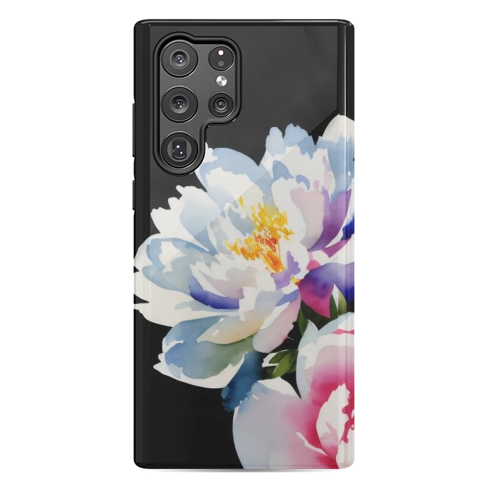 Galaxy S22 Ultra StrongFit Watercolour painted peony flower on black - peony petals by Oana 