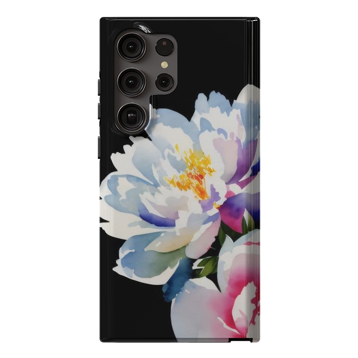 Galaxy S23 Ultra StrongFit Watercolour painted peony flower on black - peony petals by Oana 