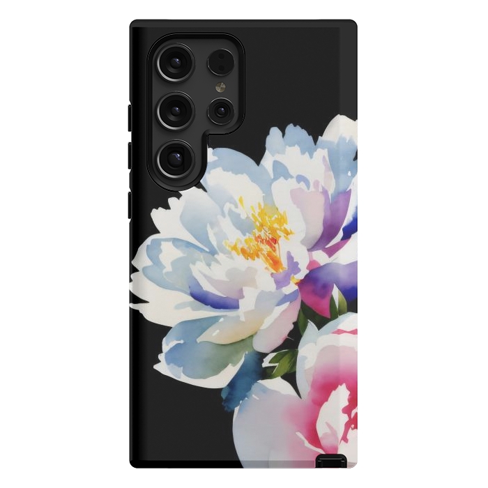 Galaxy S24 Ultra StrongFit Watercolour painted peony flower on black - peony petals by Oana 