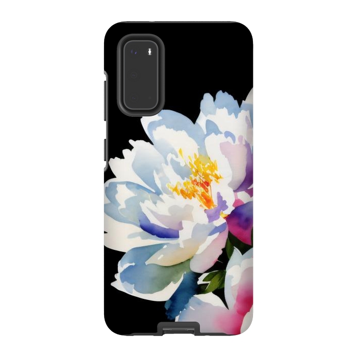 Galaxy S20 StrongFit Watercolour painted peony flower on black - peony petals by Oana 