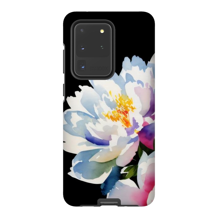 Galaxy S20 Ultra StrongFit Watercolour painted peony flower on black - peony petals by Oana 