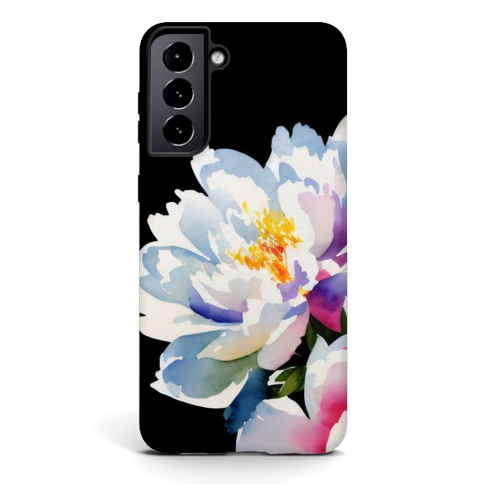 Galaxy S21 StrongFit Watercolour painted peony flower on black - peony petals by Oana 