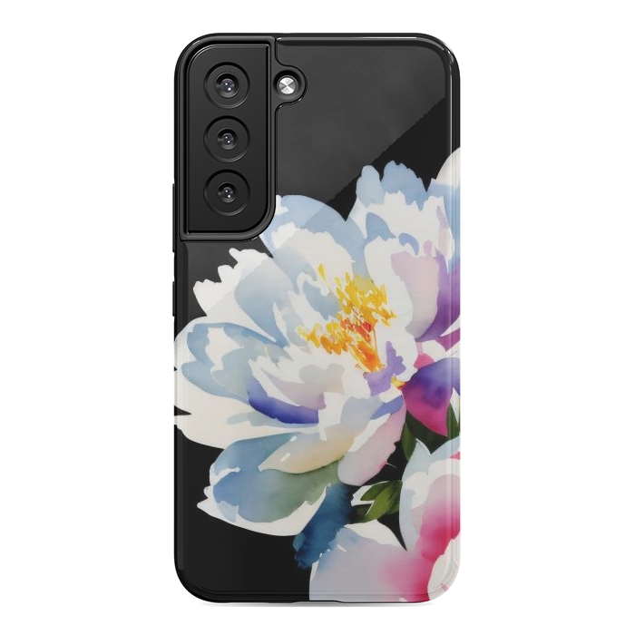 Galaxy S22 StrongFit Watercolour painted peony flower on black - peony petals by Oana 