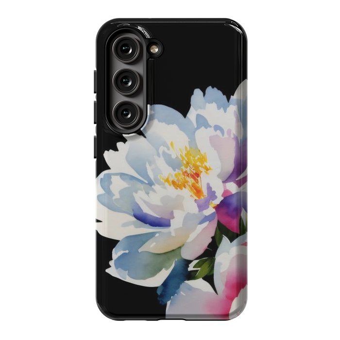 Galaxy S23 StrongFit Watercolour painted peony flower on black - peony petals by Oana 