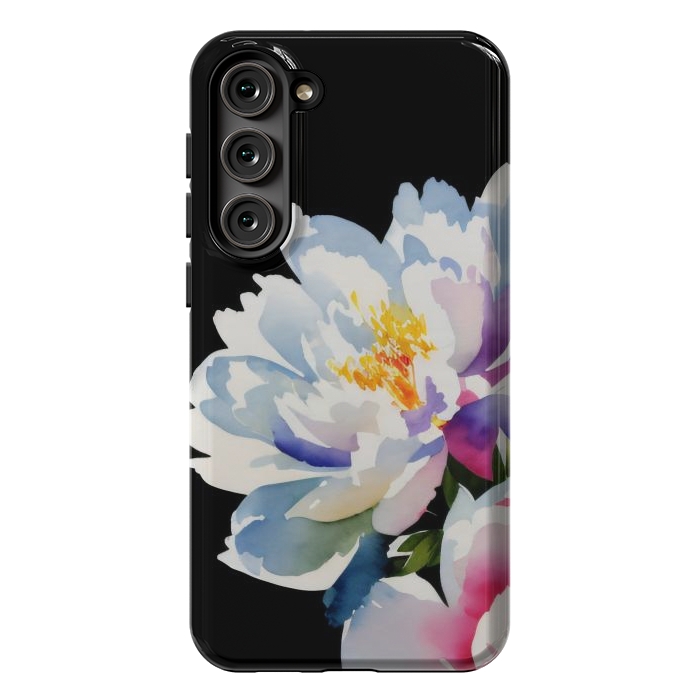 Galaxy S23 Plus StrongFit Watercolour painted peony flower on black - peony petals by Oana 