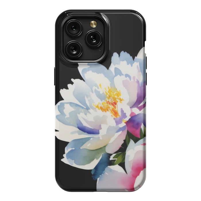 iPhone 15 Pro Max StrongFit Watercolour painted peony flower on black - peony petals by Oana 