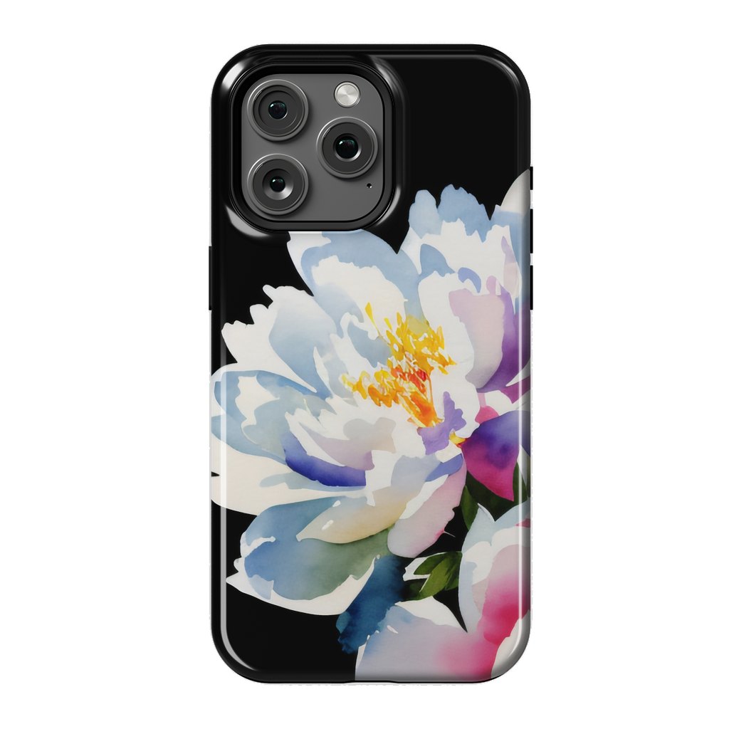 iPhone 15 Pro Max StrongFit Watercolour painted peony flower on black - peony petals by Oana 