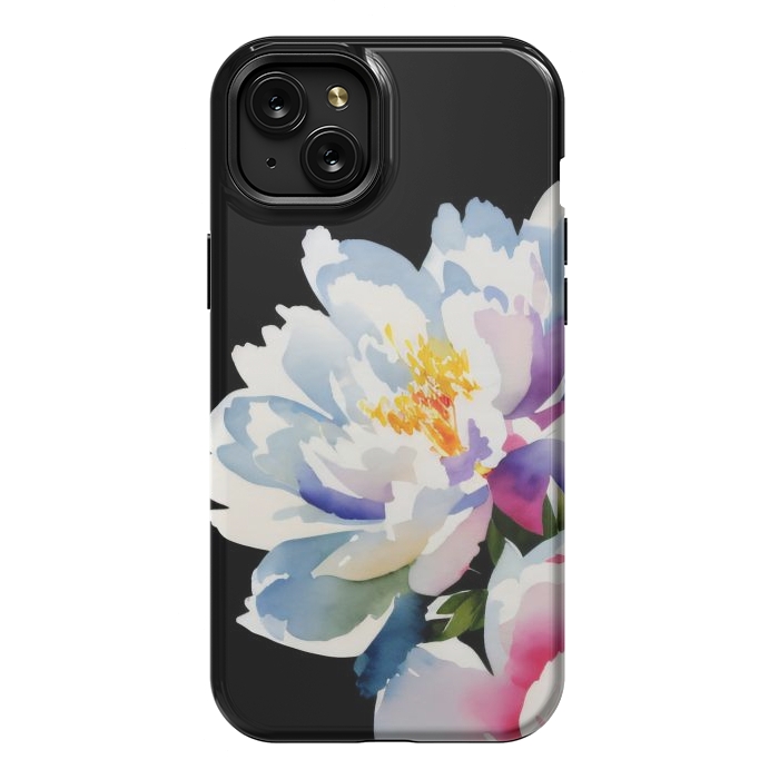 iPhone 15 Plus StrongFit Watercolour painted peony flower on black - peony petals by Oana 