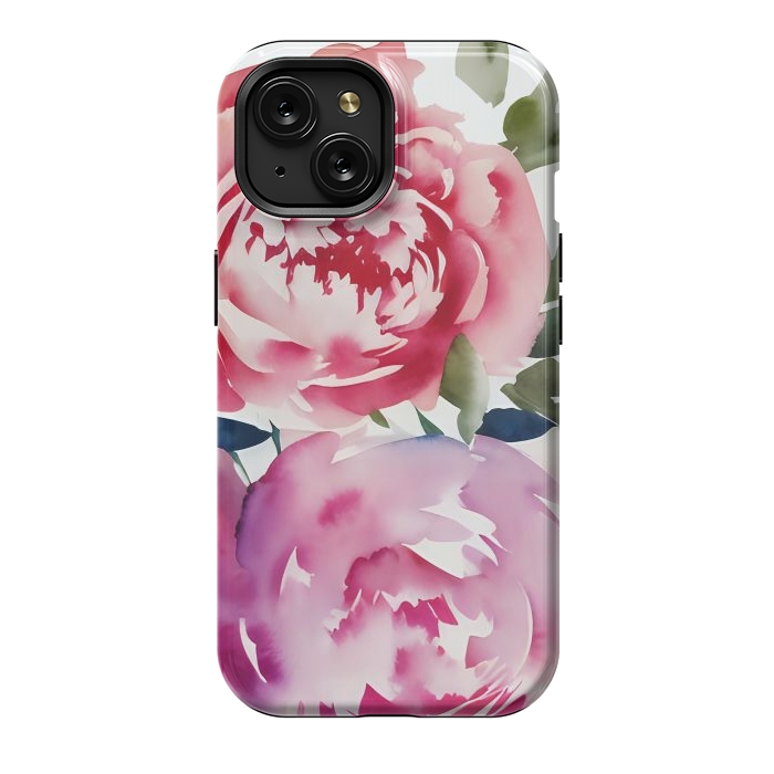 iPhone 15 StrongFit Pink watercolour peonies - painted romantic flowers by Oana 