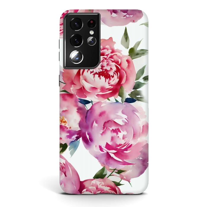 Galaxy S21 ultra StrongFit Pink watercolour peonies - painted romantic flowers by Oana 