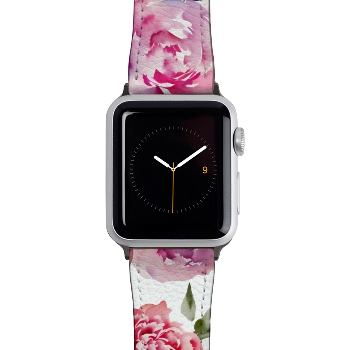 Watch 42mm / 44mm Strap PU leather Pink watercolour peonies - painted romantic flowers by Oana 