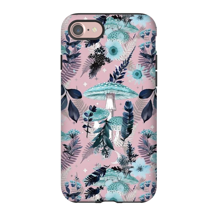 iPhone 7 StrongFit Whimsical mushrooms - blue pink mushrooms and forest leaves by Oana 