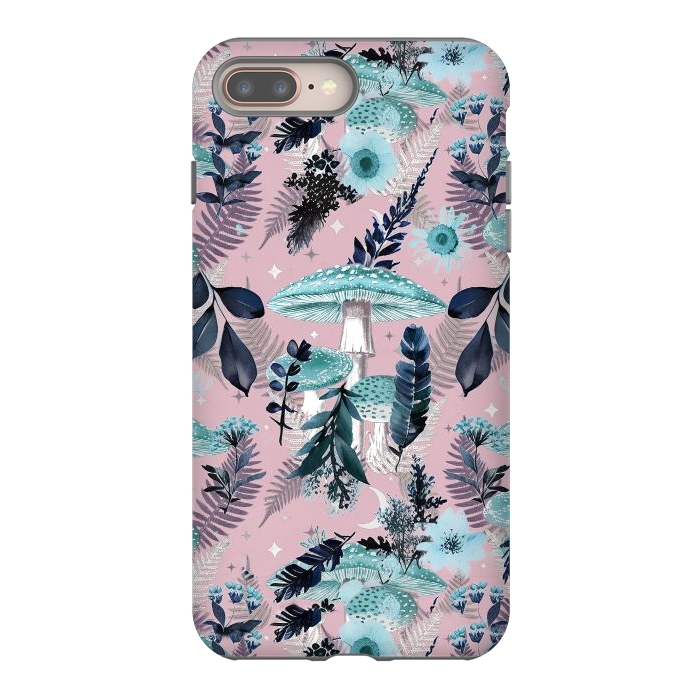 iPhone 7 plus StrongFit Whimsical mushrooms - blue pink mushrooms and forest leaves by Oana 