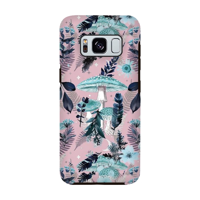 Galaxy S8 StrongFit Whimsical mushrooms - blue pink mushrooms and forest leaves by Oana 