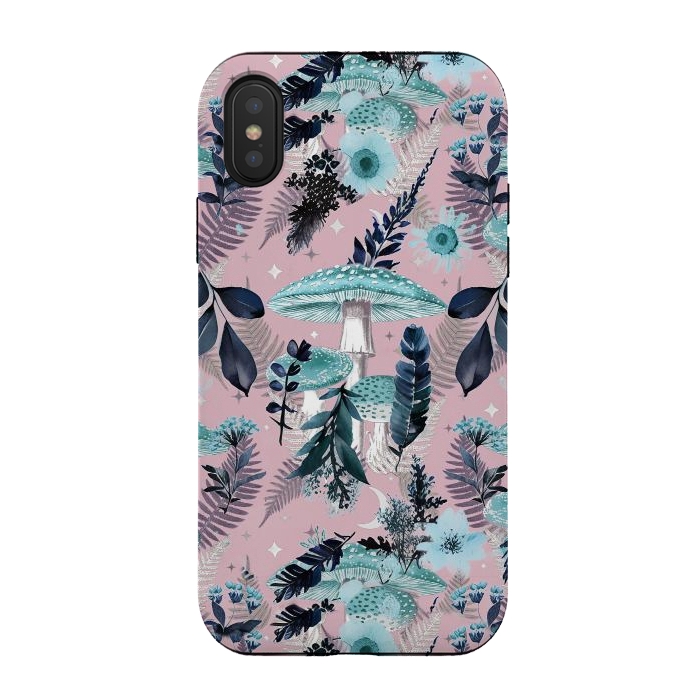 iPhone Xs / X StrongFit Whimsical mushrooms - blue pink mushrooms and forest leaves by Oana 