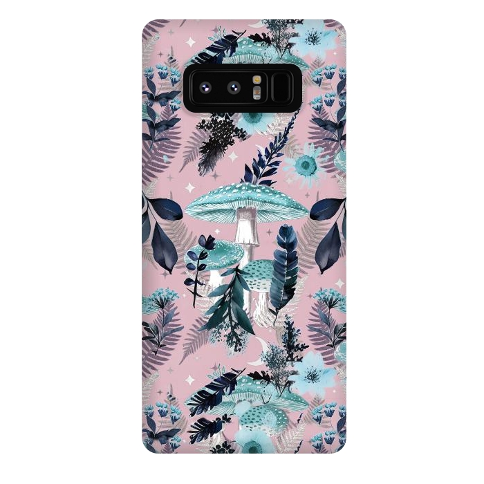 Galaxy Note 8 StrongFit Whimsical mushrooms - blue pink mushrooms and forest leaves by Oana 