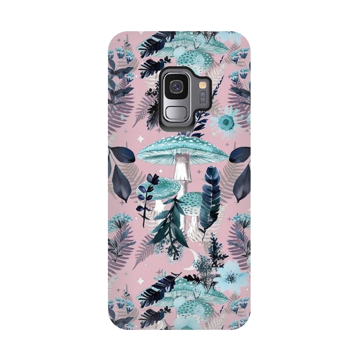 Galaxy S9 StrongFit Whimsical mushrooms - blue pink mushrooms and forest leaves by Oana 